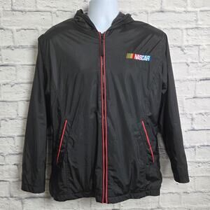Vintage Nascar Jacket Medium Full Zip Hooded Pockets by Essex Fleece Lining Blk